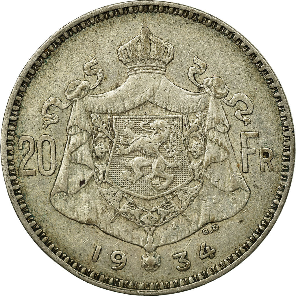 Coin, Belgium, 20 Francs, 20 Frank, 1934, VF(30-35), Silver, KM:104.1