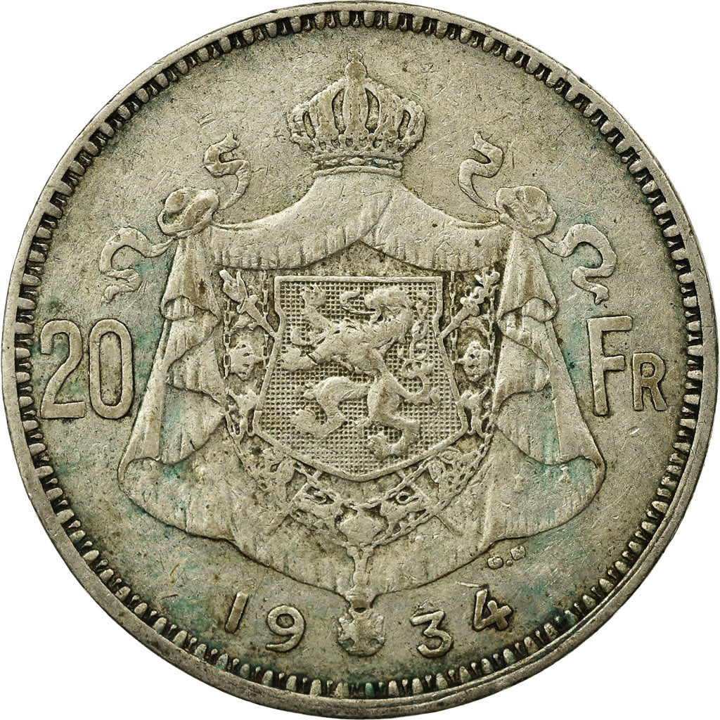 Coin, Belgium, 20 Francs, 20 Frank, 1934, VF(20-25), Silver, KM:103.1