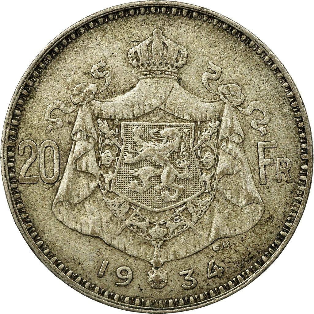 Coin, Belgium, 20 Francs, 20 Frank, 1934, VF(20-25), Silver, KM:103.1