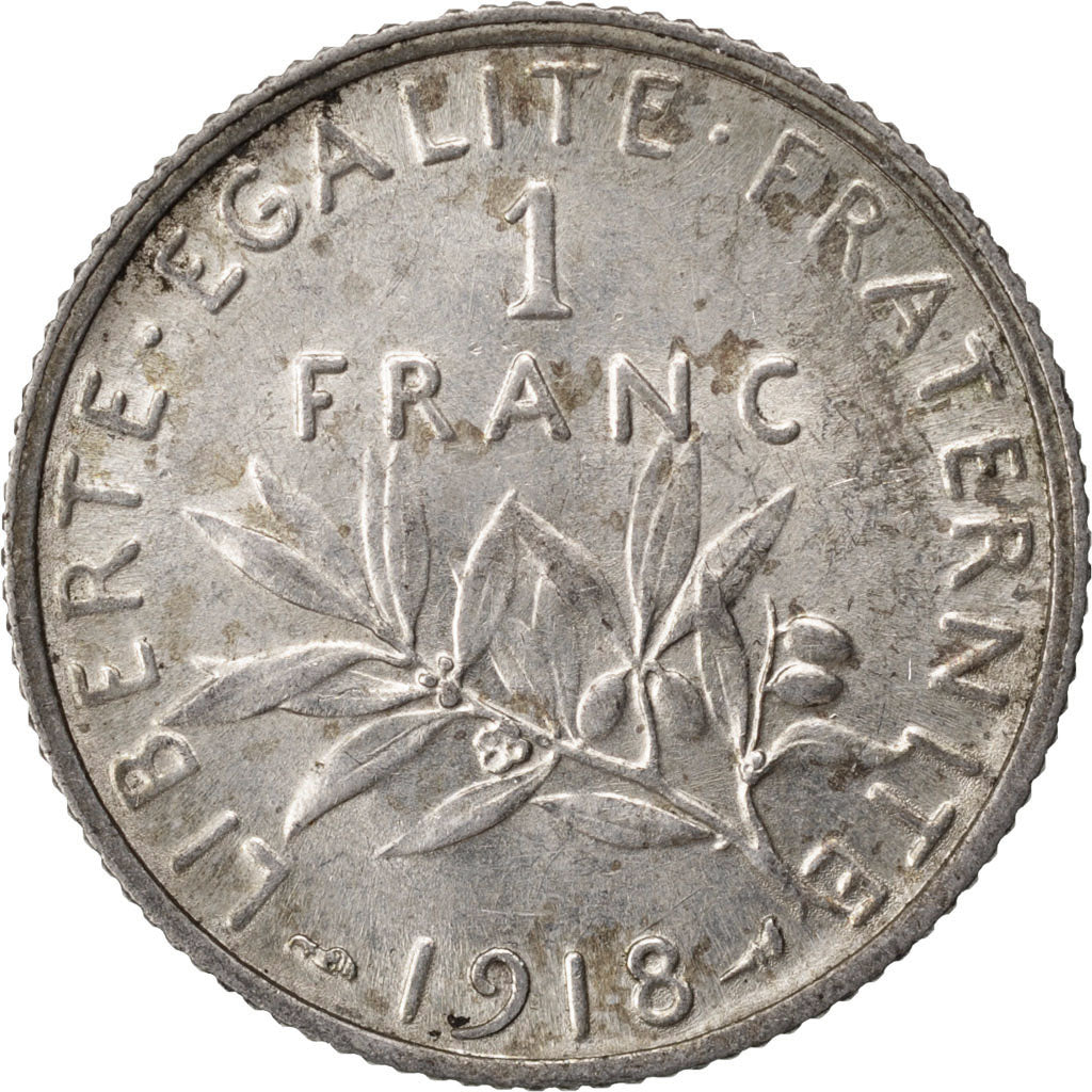 FRANCE, Semeuse, Franc, 1918, Paris, KM #844.1, AU(50-53), Silver, 23, Gadoury..