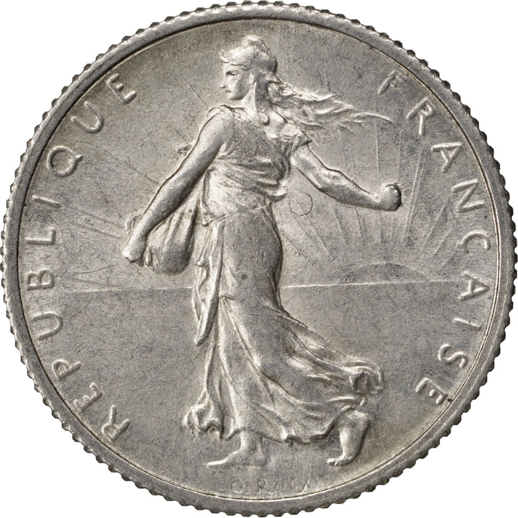 FRANCE, Semeuse, Franc, 1918, Paris, KM #844.1, AU(50-53), Silver, 23, Gadoury..