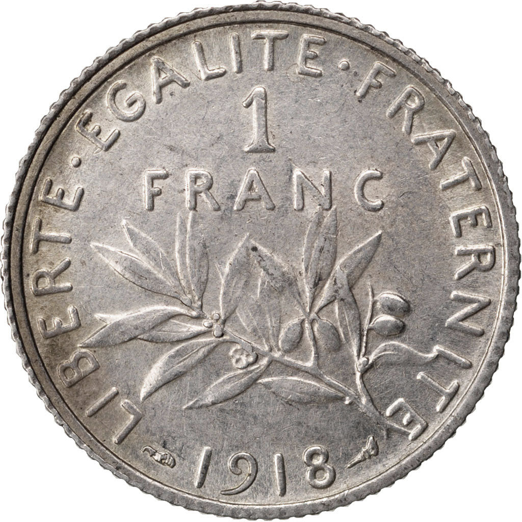 FRANCE, Semeuse, Franc, 1918, Paris, KM #844.1, AU(50-53), Silver, 23, Gadoury..