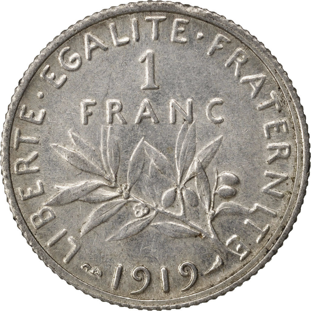 FRANCE, Semeuse, Franc, 1919, Paris, KM #844.1, AU(55-58), Silver, 23, Gadoury..