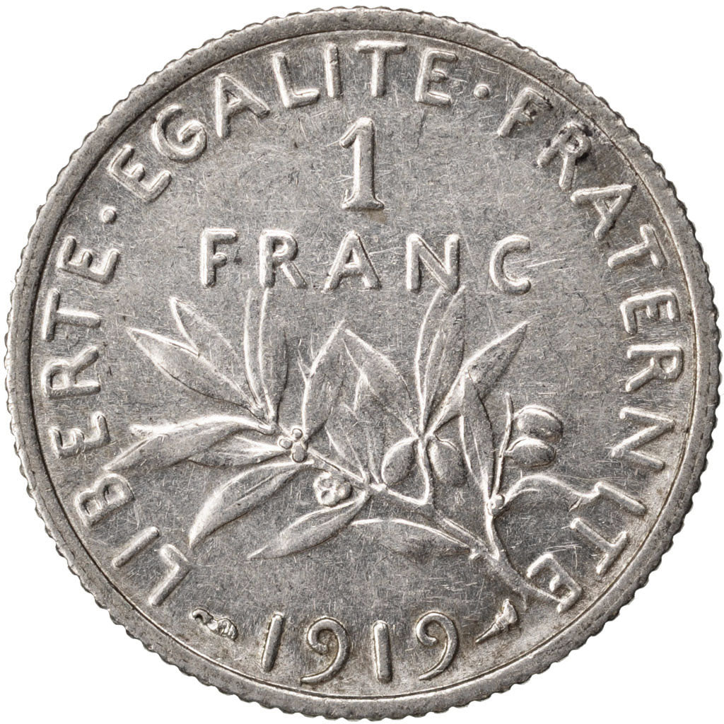 FRANCE, Semeuse, Franc, 1919, Paris, KM #844.1, AU(55-58), Silver, 23, Gadoury..