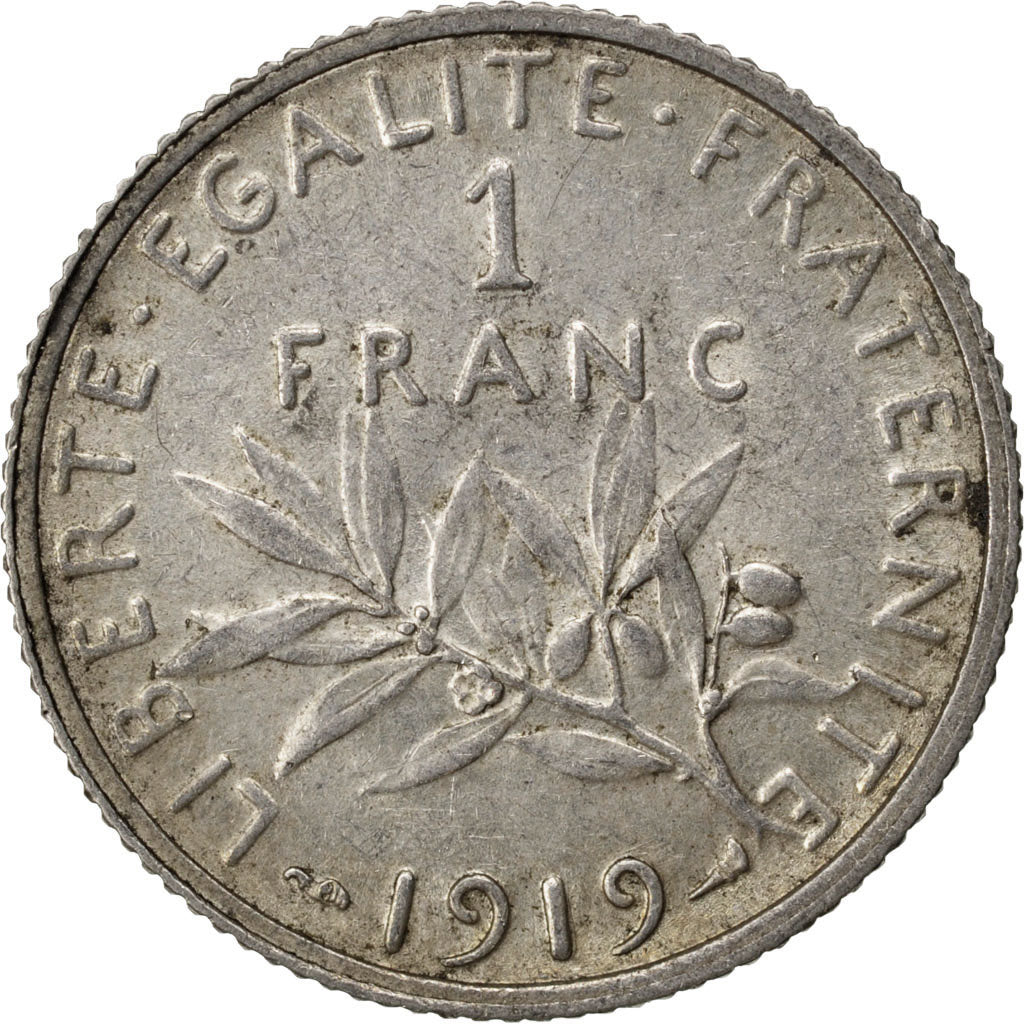 FRANCE, Semeuse, Franc, 1919, Paris, KM #844.1, AU(50-53), Silver, 23, Gadoury..