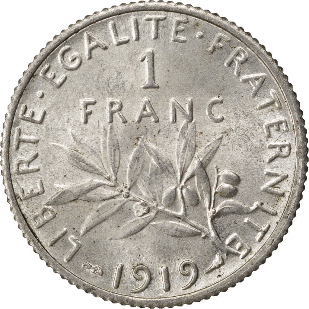 FRANCE, Semeuse, Franc, 1919, Paris, KM #844.1, AU(55-58), Silver, 23, Gadoury..