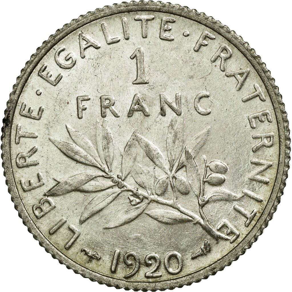 FRANCE, Semeuse, Franc, 1920, Paris, KM #844.1, MS(60-62), Silver, 23, Gadoury..