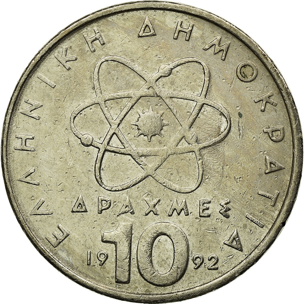 Moneda, Grecia, Democritus, 10 Drachmes, 1992, MBC, Cobre - níquel, KM:132