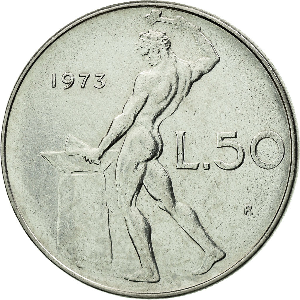 Moneta, Włochy, 50 Lire, 1973, Rome, AU(55-58), Stal nierdzewna, KM:95.1