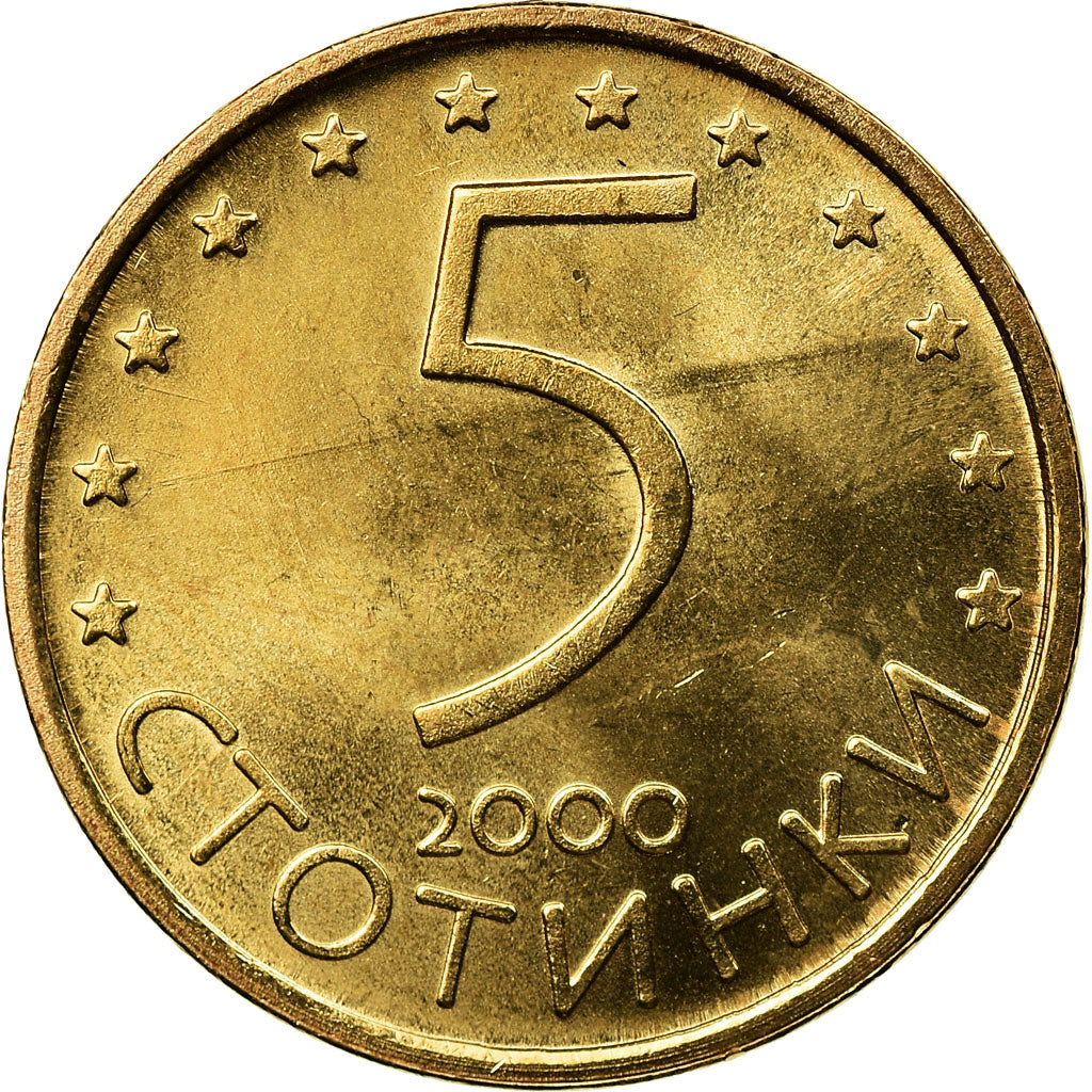 Moneta, Bulgaria, 5 Stotinki, 2000, MS(63), Mosiądz platerowany stalą, KM:239a