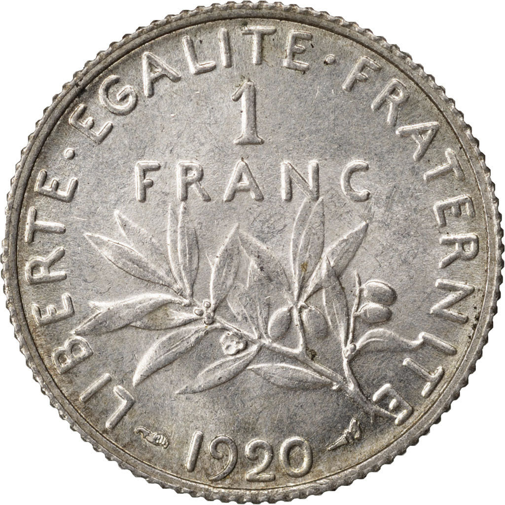 FRANCE, Semeuse, Franc, 1920, Paris, KM #844.1, AU(55-58), Silver, 23, Gadoury..
