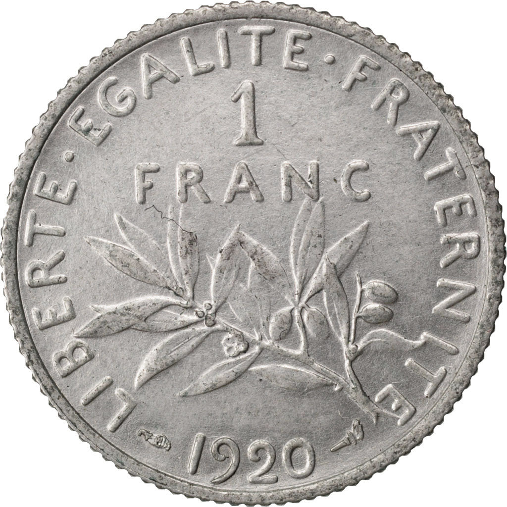 FRANCE, Semeuse, Franc, 1920, Paris, KM #844.1, AU(55-58), Silver, 23, Gadoury..