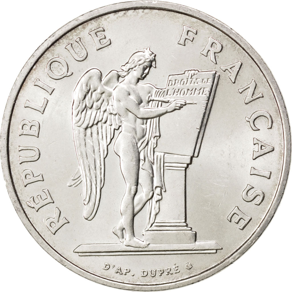 FRANCE, Droits de l'Homme, 100 Francs, 1989, KM #970, AU(55-58), Silver,...