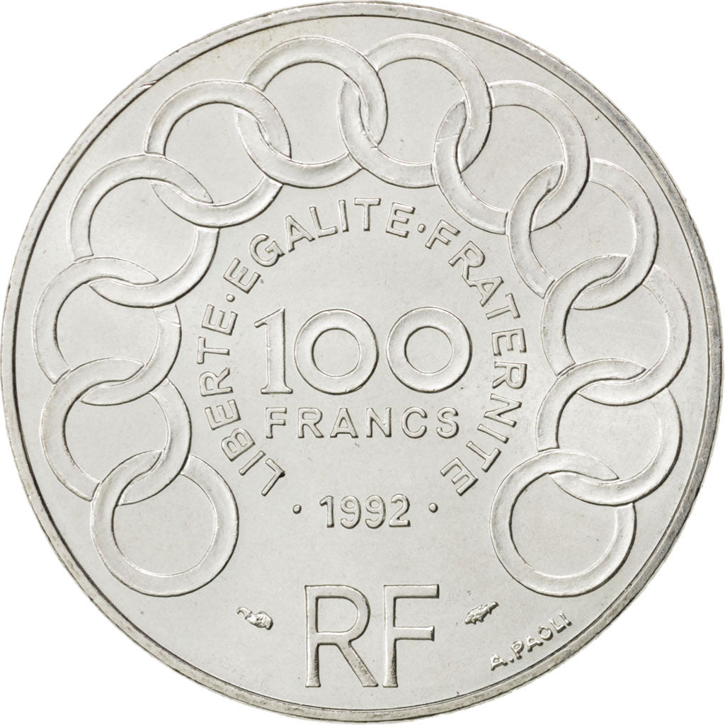FRANCE, Jean Monnet, 100 Francs, 1992, KM #1120, AU(55-58), Silver, Gadoury...