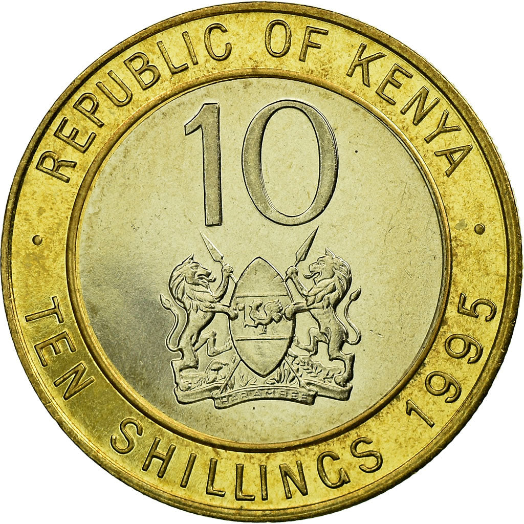 Coin, Kenya, 10 Shillings, 1995, British Royal Mint, AU(55-58), Bi-Metallic