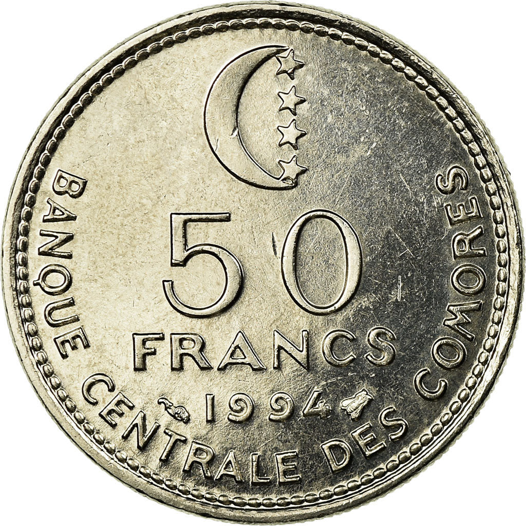 Coin, Comoros, 50 Francs, 1994, Paris, AU(55-58), Nickel, KM:16