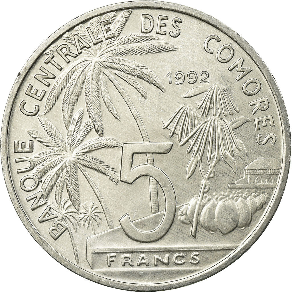 Coin, Comoros, 5 Francs, 1992, Paris, AU(55-58), Aluminum, KM:15