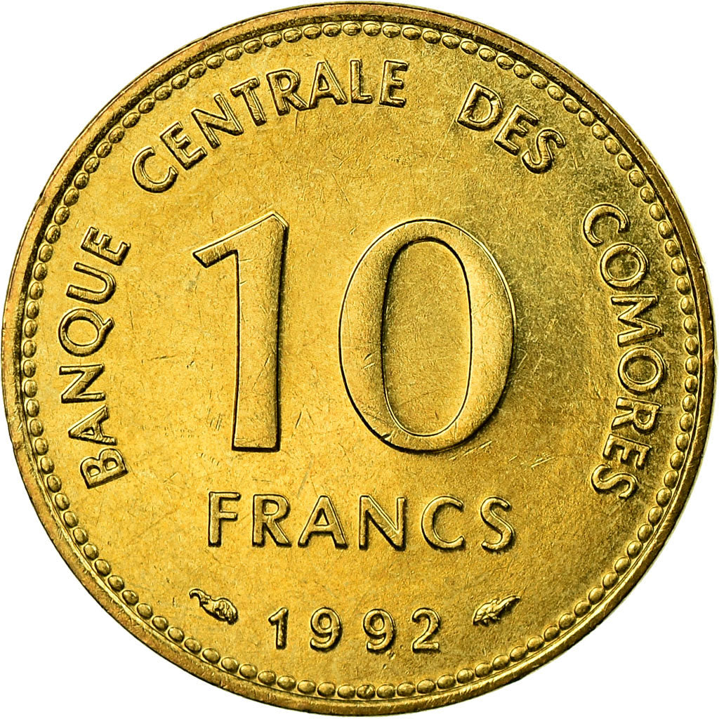 Coin, Comoros, 10 Francs, 1992, Paris, EF(40-45), Aluminum-Bronze, KM:17