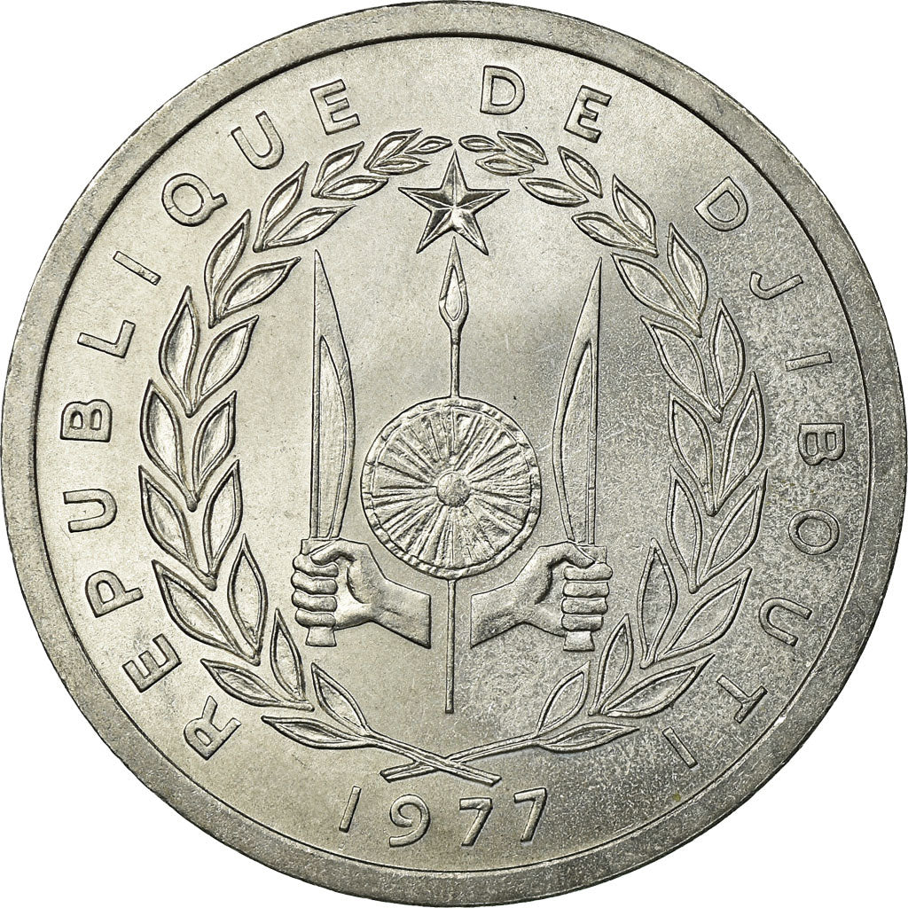 Moeda, Djibuti, 2 Francs, 1977, Paris, AU(55-58), Alumínio, KM:21