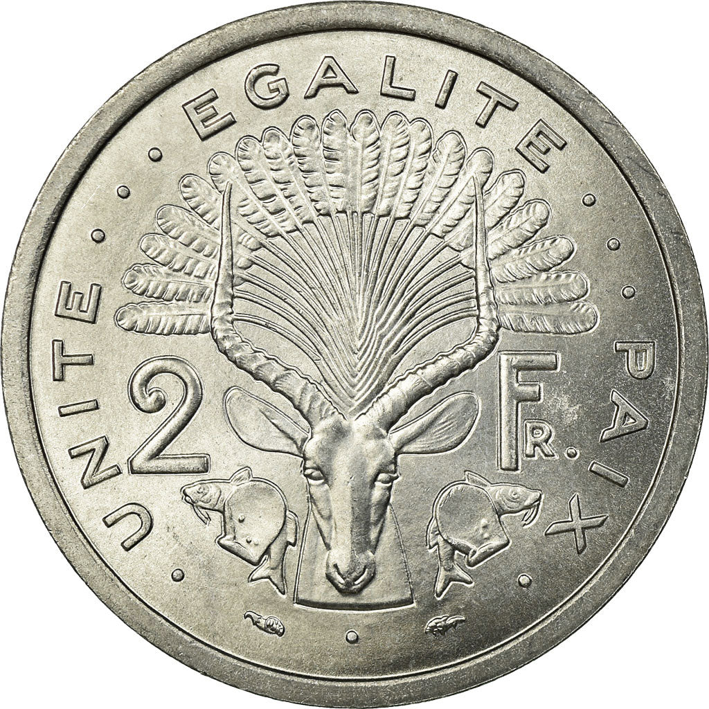 Moeda, Djibuti, 2 Francs, 1977, Paris, AU(55-58), Alumínio, KM:21