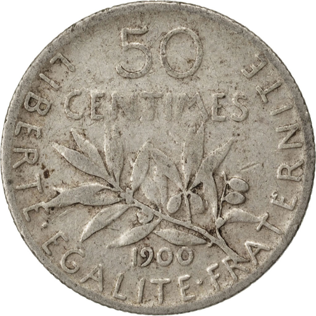 FRANCE, Semeuse, 50 Centimes, 1900, Paris, KM #854, VF(20-25), Silver, 18.1,...