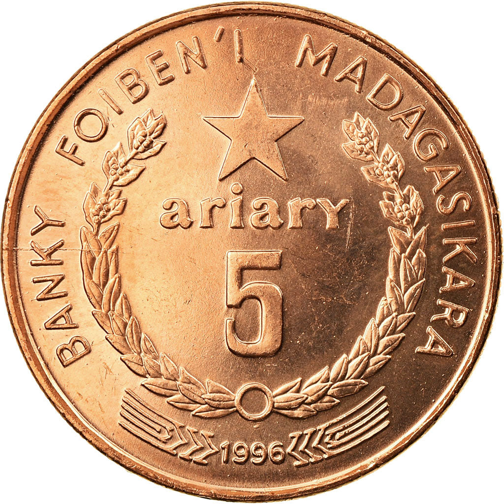 Coin, Madagascar, 5 Ariary, 1996, Paris, EF(40-45), Copper Plated Steel, KM:23