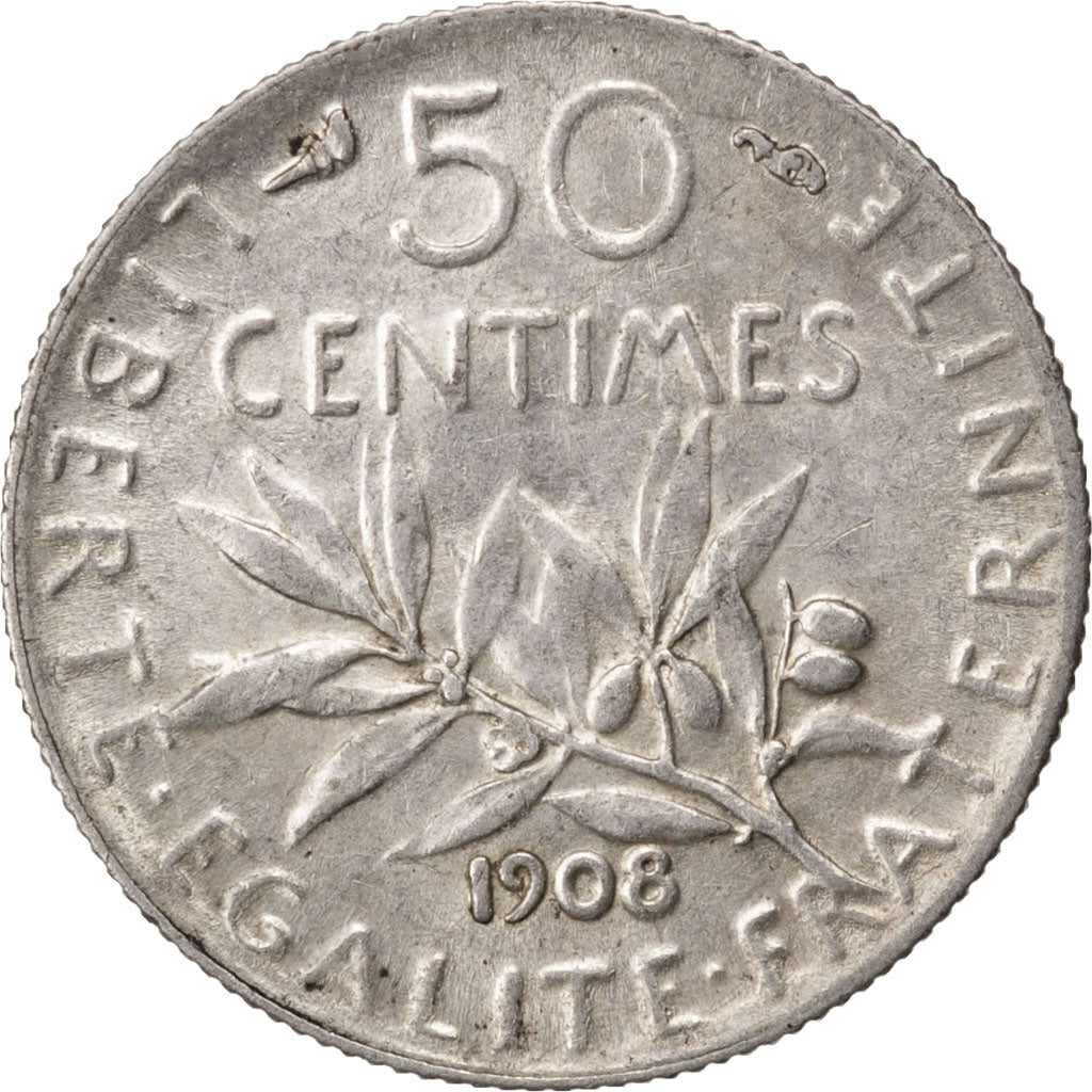FRANCE, Semeuse, 50 Centimes, 1908, Paris, KM #854, EF(40-45), Silver, 18.1,...