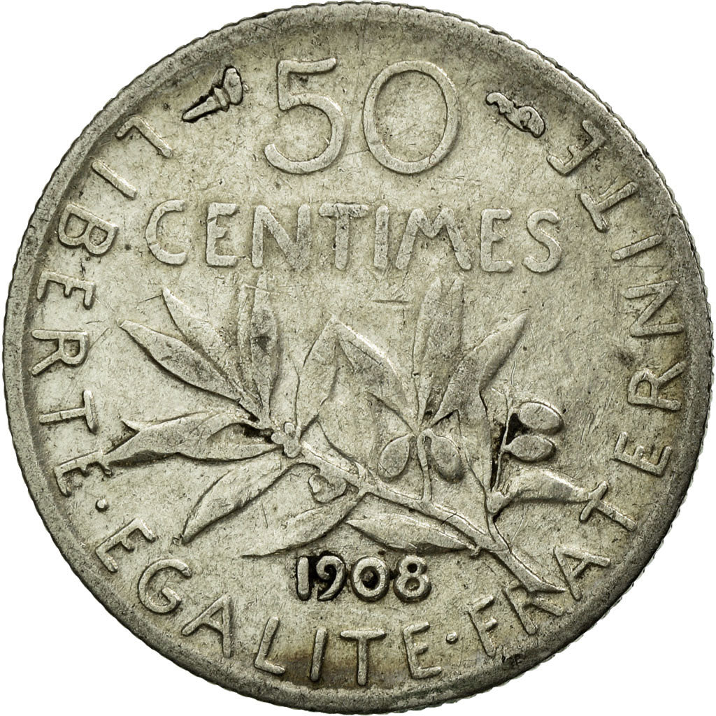 Coin, France, Semeuse, 50 Centimes, 1908, EF(40-45), Silver, Gadoury:420