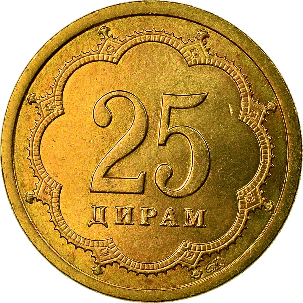 Monnaie, Tajikistan, 25 Drams, 2001, St. Petersburg, TTB, Laiton, KM:5.1