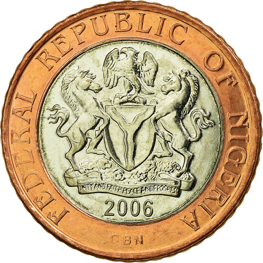 Coin, Nigeria, 2 Naira, 2006, AU(55-58), Bi-Metallic, KM:19