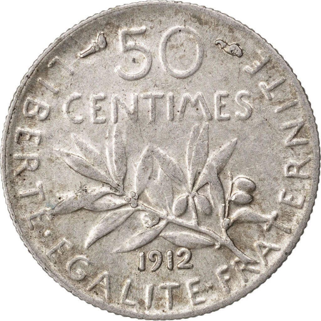 FRANCE, Semeuse, 50 Centimes, 1912, Paris, KM #854, AU(50-53), Silver, 18.1,...