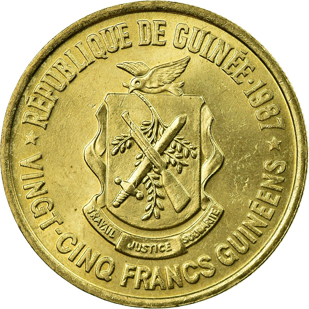 Coin, Guinea, 25 Francs, 1987, AU(55-58), Brass, KM:60