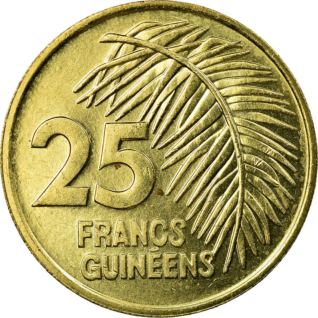 Coin, Guinea, 25 Francs, 1987, AU(55-58), Brass, KM:60