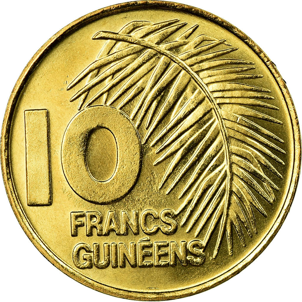 Moneda, Guinea, 10 Francs, 1985, EBC, Latón recubierto de acero, KM:52