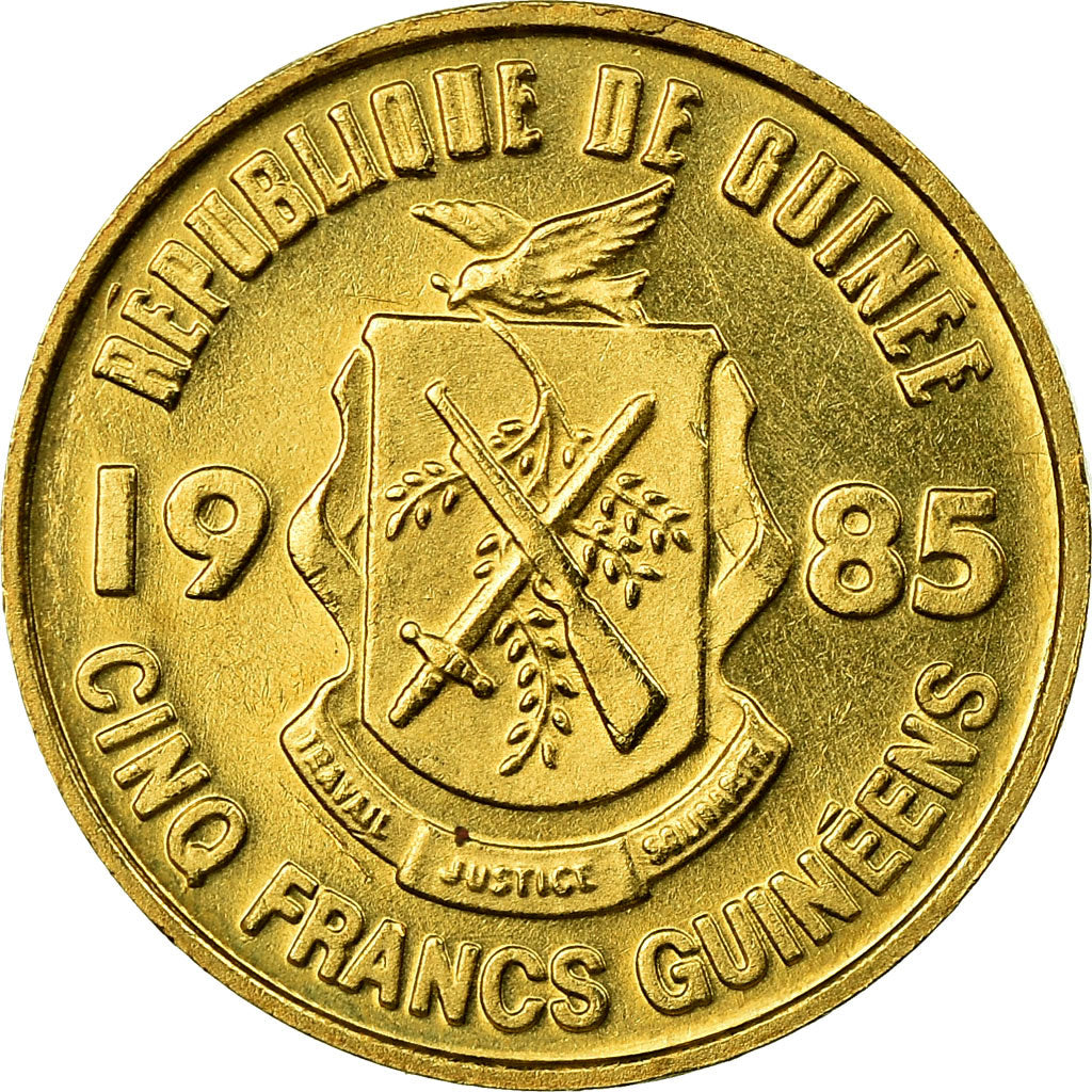 Coin, Guinea, 5 Francs, 1985, EF(40-45), Brass Clad Steel, KM:53
