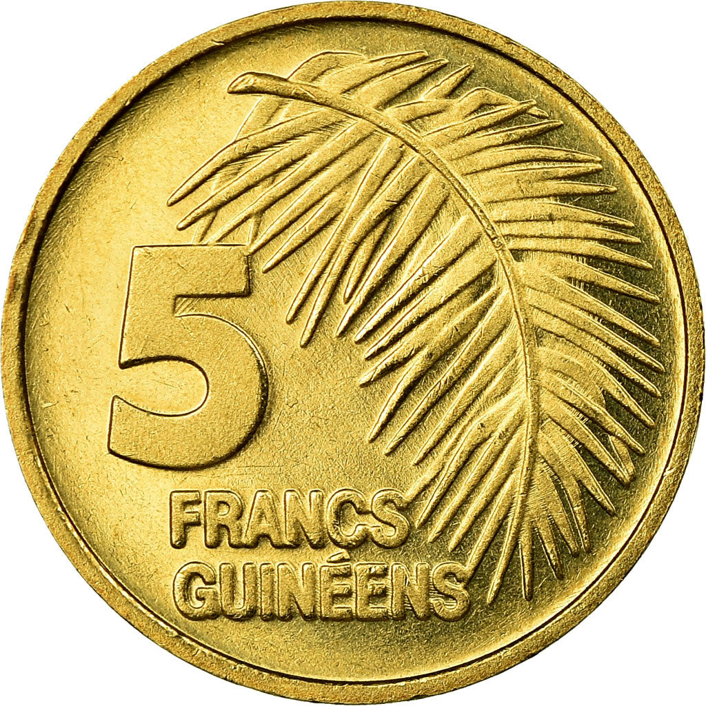 Coin, Guinea, 5 Francs, 1985, EF(40-45), Brass Clad Steel, KM:53