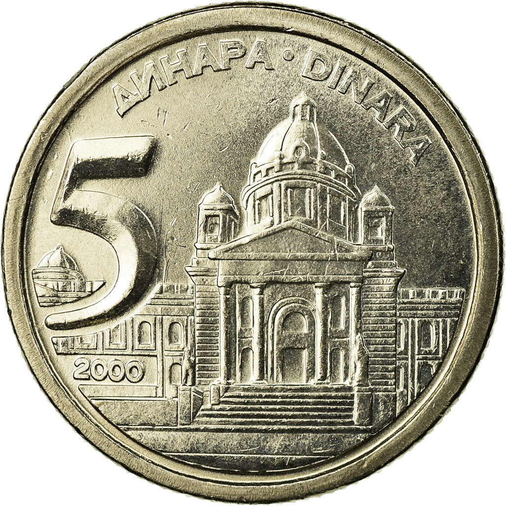 Coin, Yugoslavia, 5 Dinara, 2000, Belgrade, AU(55-58), Copper-Nickel-Zinc
