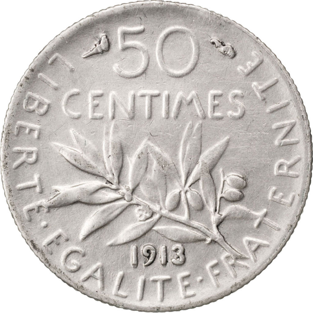 FRANCE, Semeuse, 50 Centimes, 1913, Paris, KM #854, AU(50-53), Silver, 18.1,...
