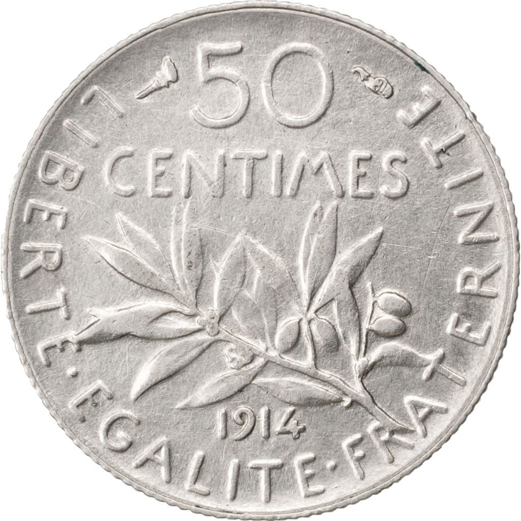 FRANCE, Semeuse, 50 Centimes, 1914, Paris, KM #854, AU(55-58), Silver, 18.1,...