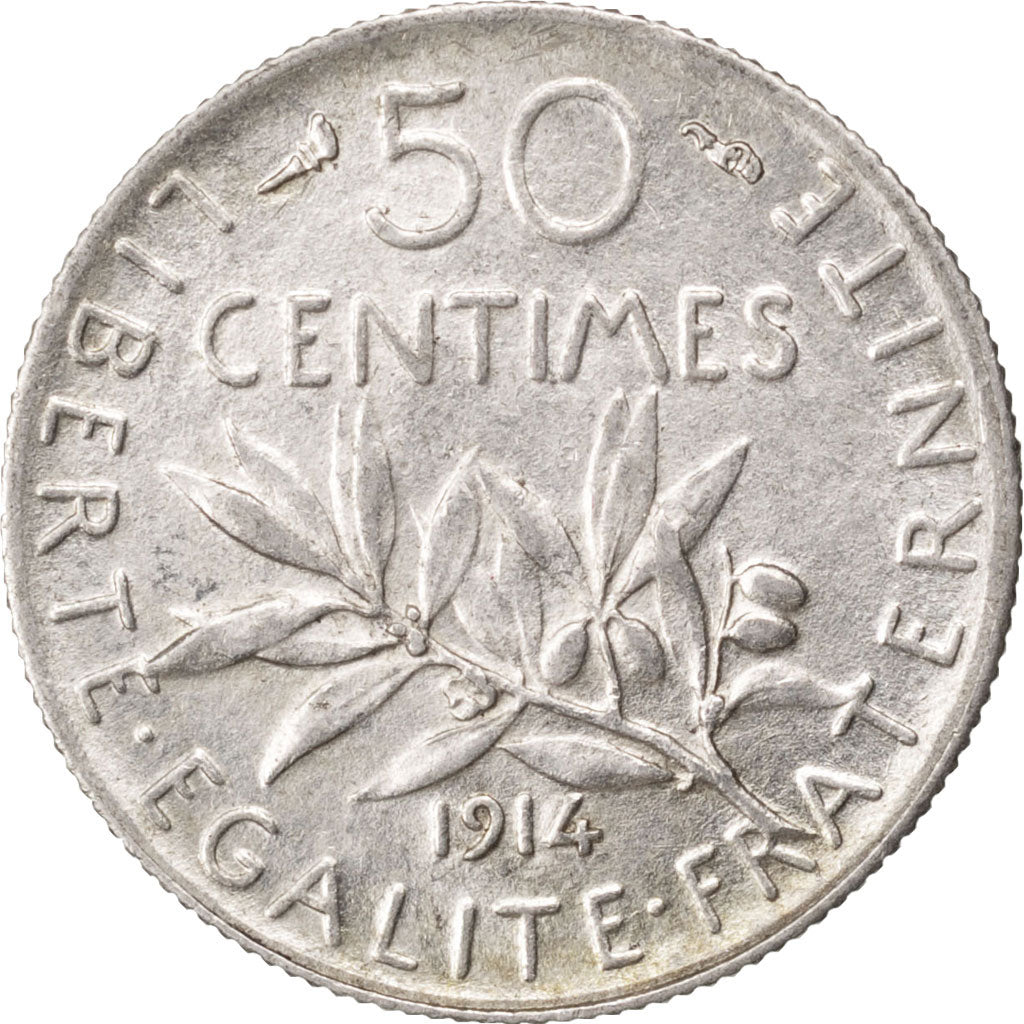 FRANCE, Semeuse, 50 Centimes, 1914, Paris, KM #854, AU(55-58), Silver, 18.1,...