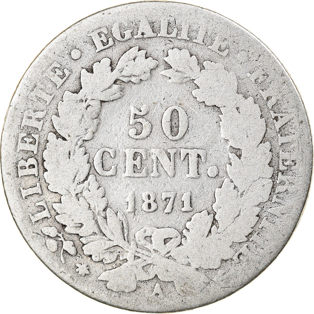 Moneta, Francia, Cérès, 50 Centimes, 1871, Paris, B, Argento, KM:834.1