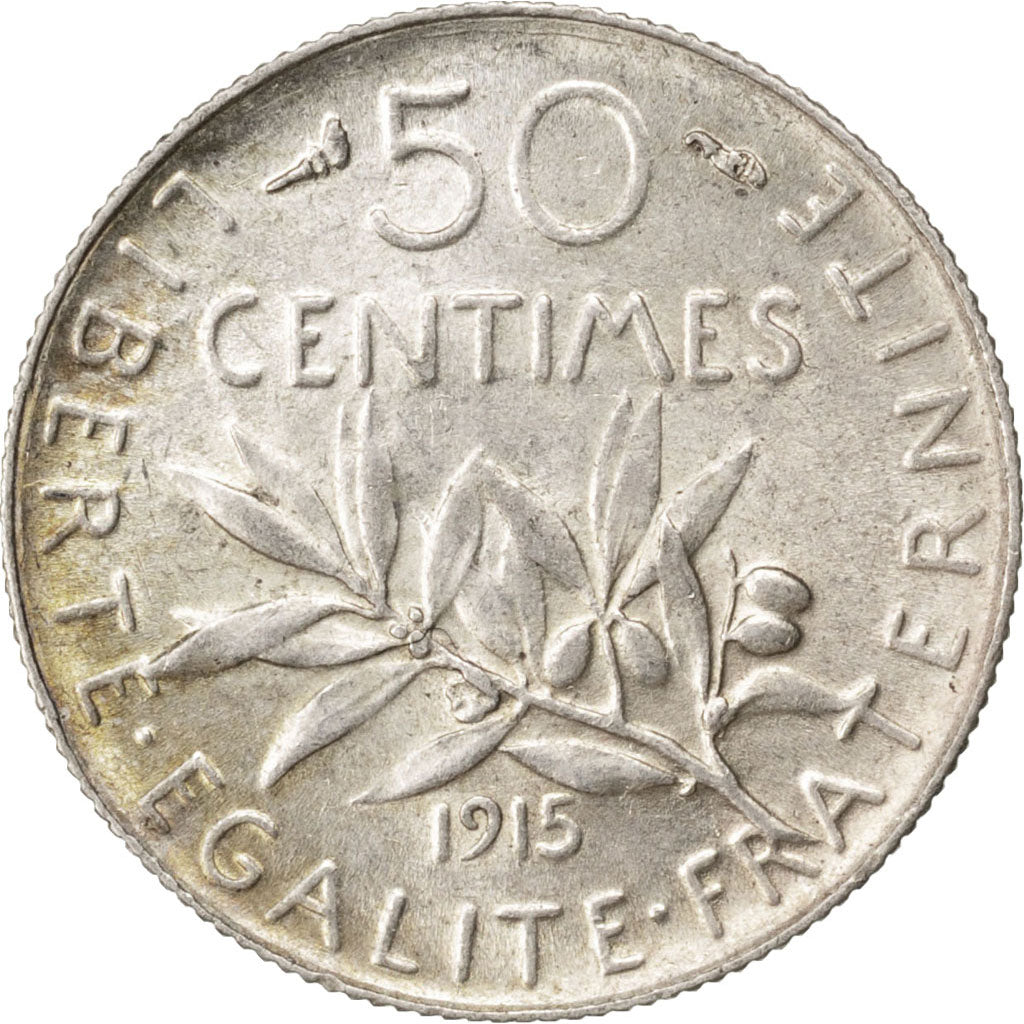 FRANCE, Semeuse, 50 Centimes, 1915, Paris, KM #854, AU(55-58), Silver, 18.1,...