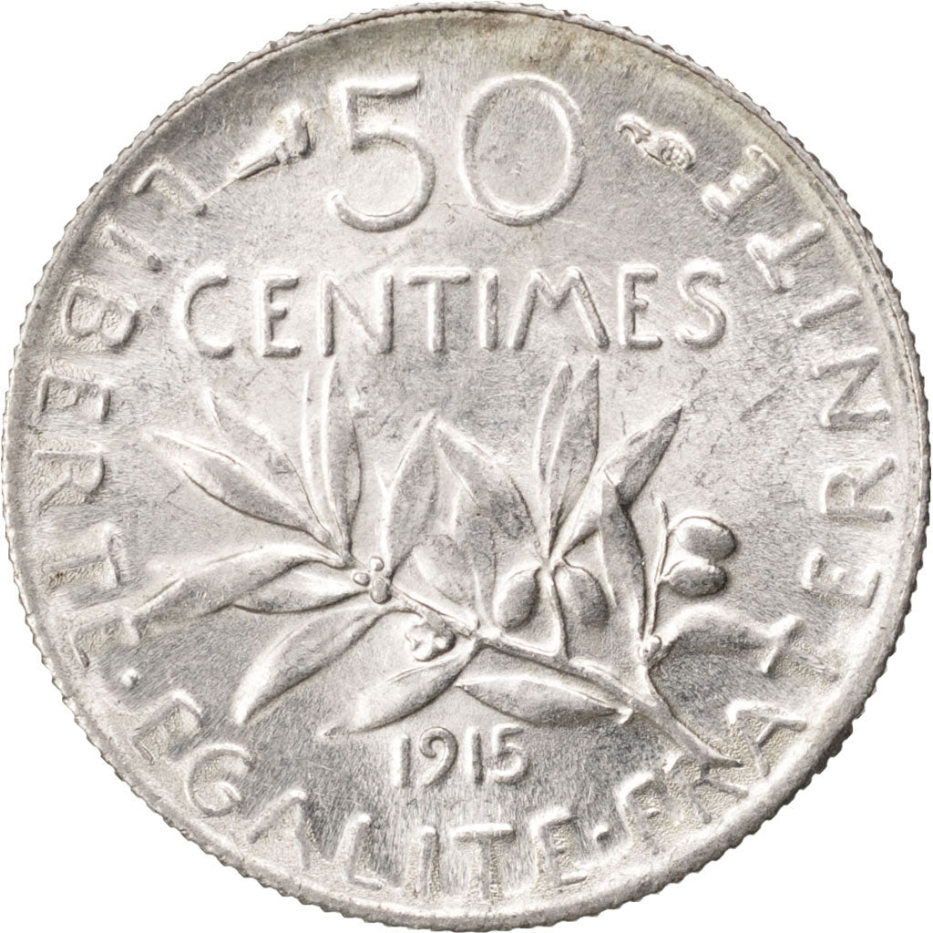 FRANCE, Semeuse, 50 Centimes, 1915, Paris, KM #854, MS(60-62), Silver, 18.1,...