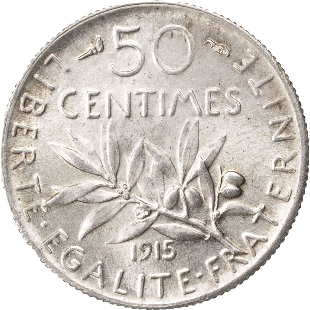 FRANCE, Semeuse, 50 Centimes, 1915, Paris, KM #854, MS(60-62), Silver, 18.1,...