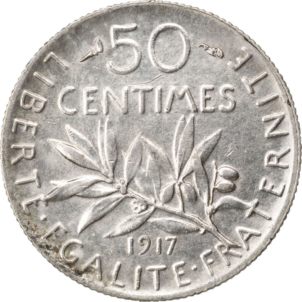 FRANCE, Semeuse, 50 Centimes, 1917, Paris, KM #854, MS(60-62), Silver, 18.1,...