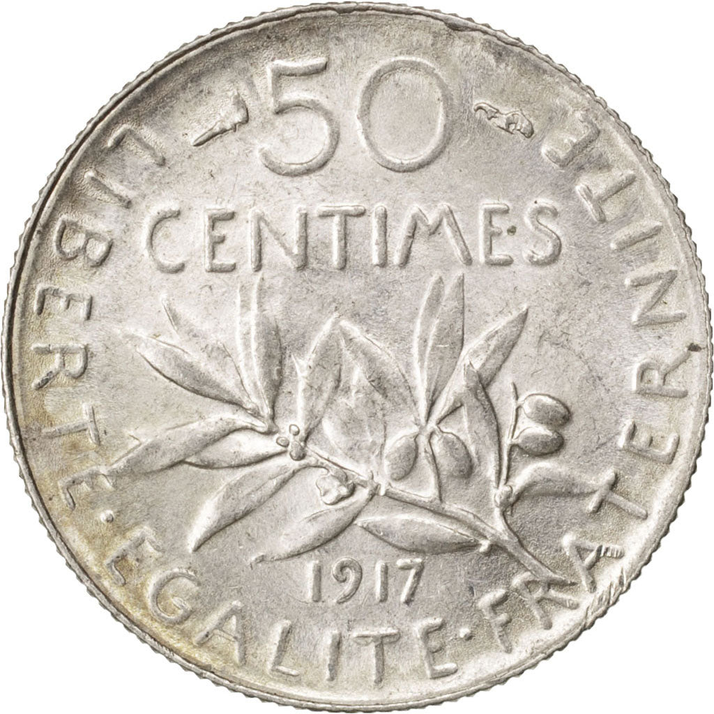 FRANCE, Semeuse, 50 Centimes, 1917, Paris, KM #854, MS(60-62), Silver, 18.1,...
