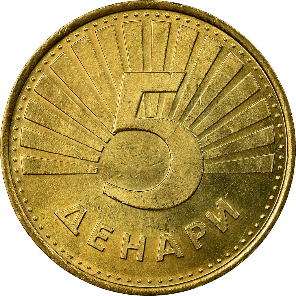 Münze, Mazedonien, 5 Denari, 2001, SS, Messing, KM:4