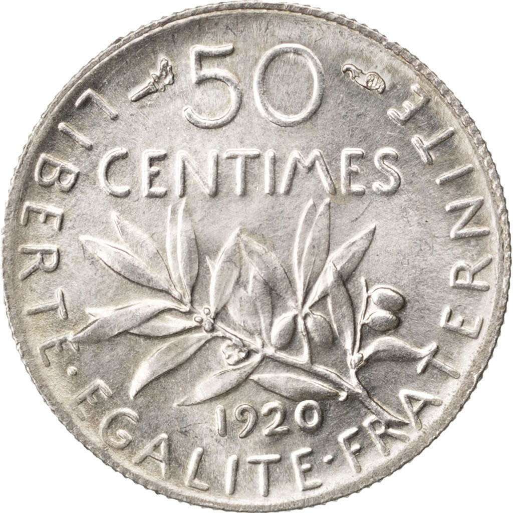 FRANCE, Semeuse, 50 Centimes, 1920, Paris, KM #854, MS(60-62), Silver, 18.1,...