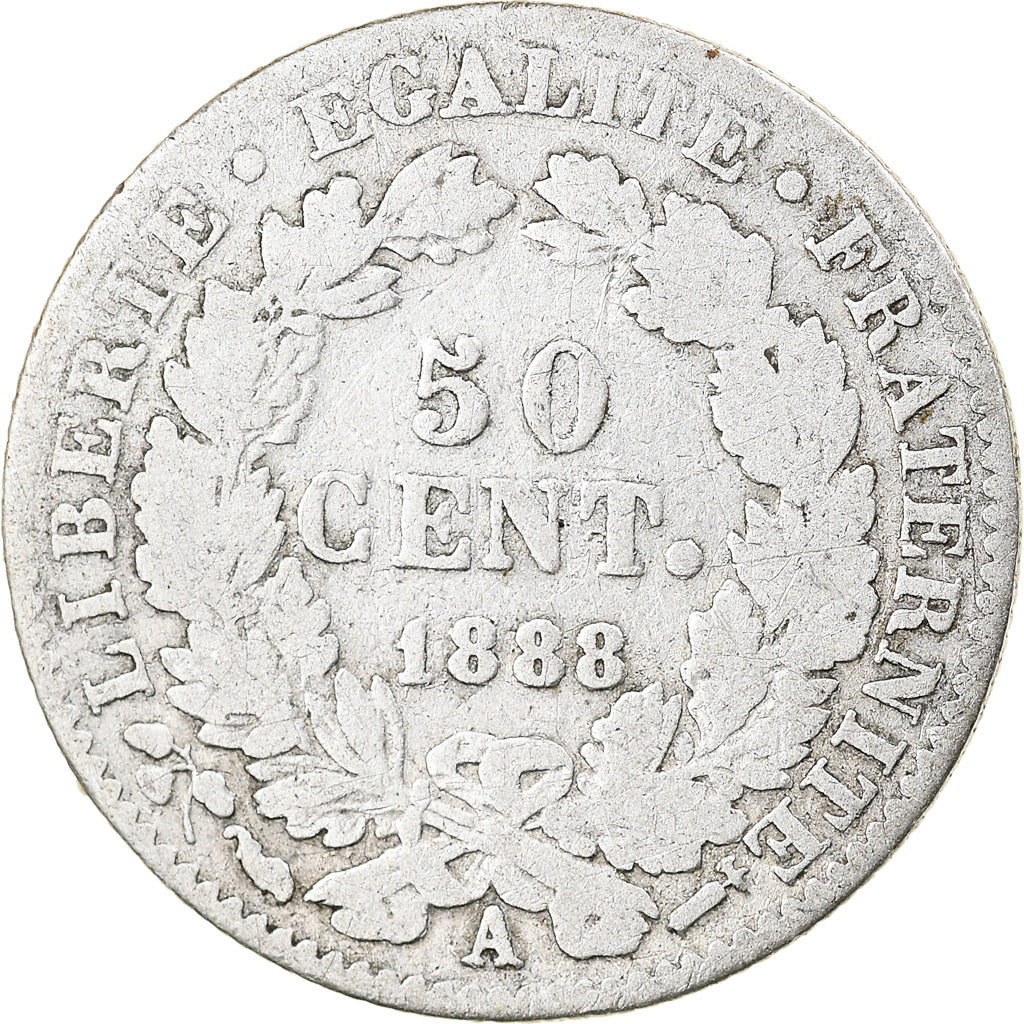 Coin, France, Cérès, 50 Centimes, 1888, Paris, VG(8-10), Silver, KM:834.1
