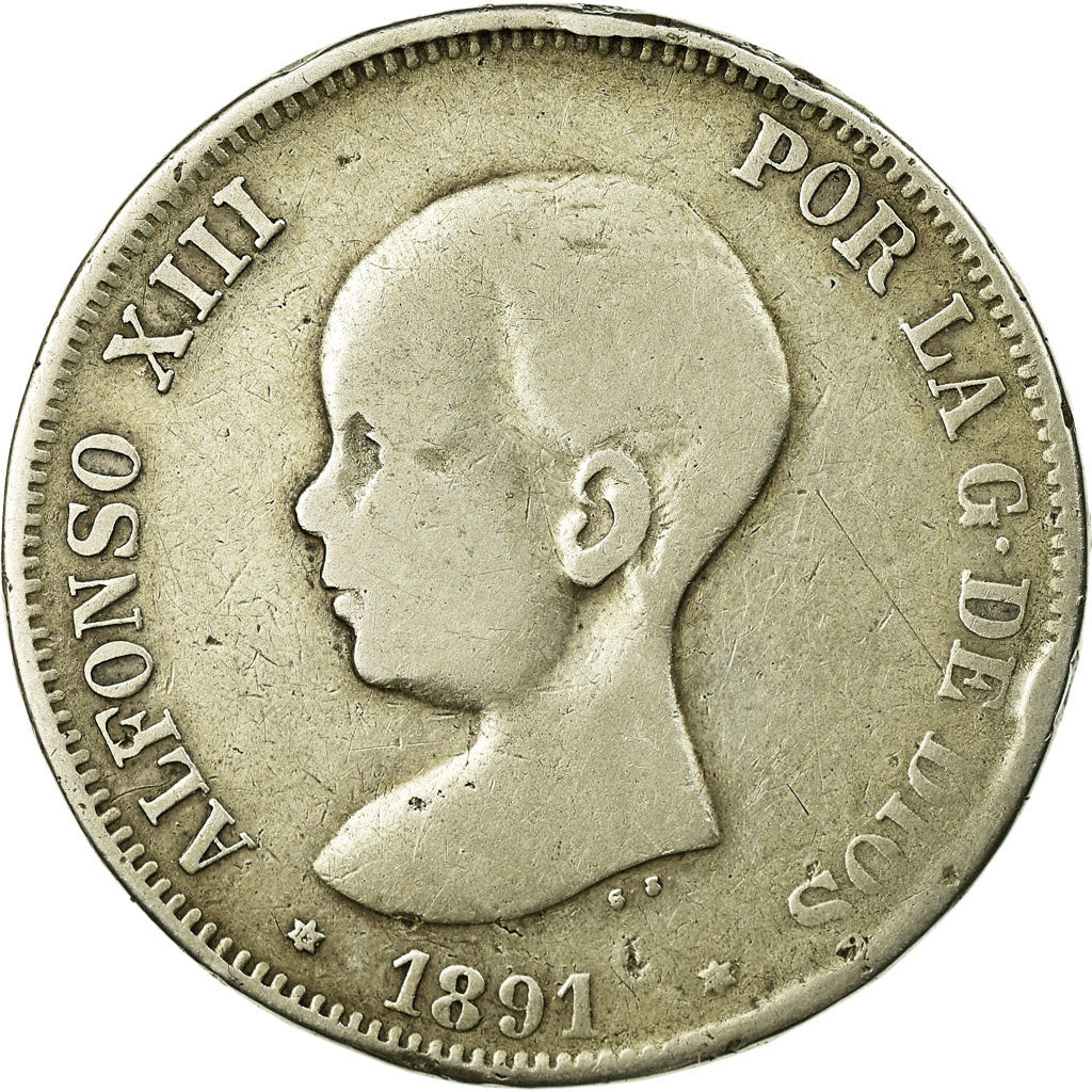Monnaie, Espagne, Alfonso XIII, 5 Pesetas, 1891, Madrid, TB, Argent, KM:689
